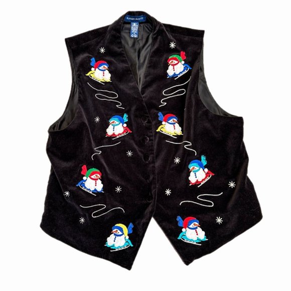 Vintage Karen Scott Black Velvet Embroidered Snowman Button Up Vest | Size Mediu - Picture 5 of 6